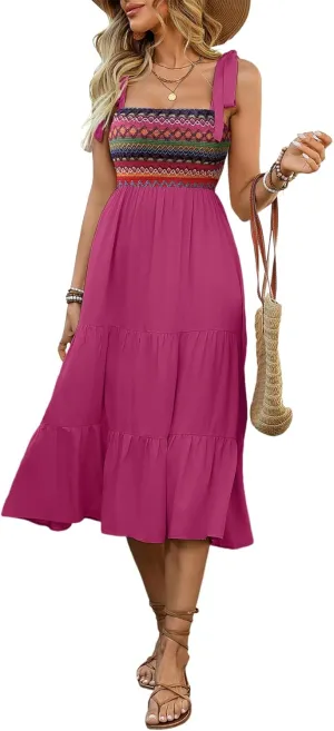 Melliflo Womens Boho Embroidery Patchwork Summer Tiered Midi Dress Square Neck Tie Shoulder Flowy Summer Sundresses