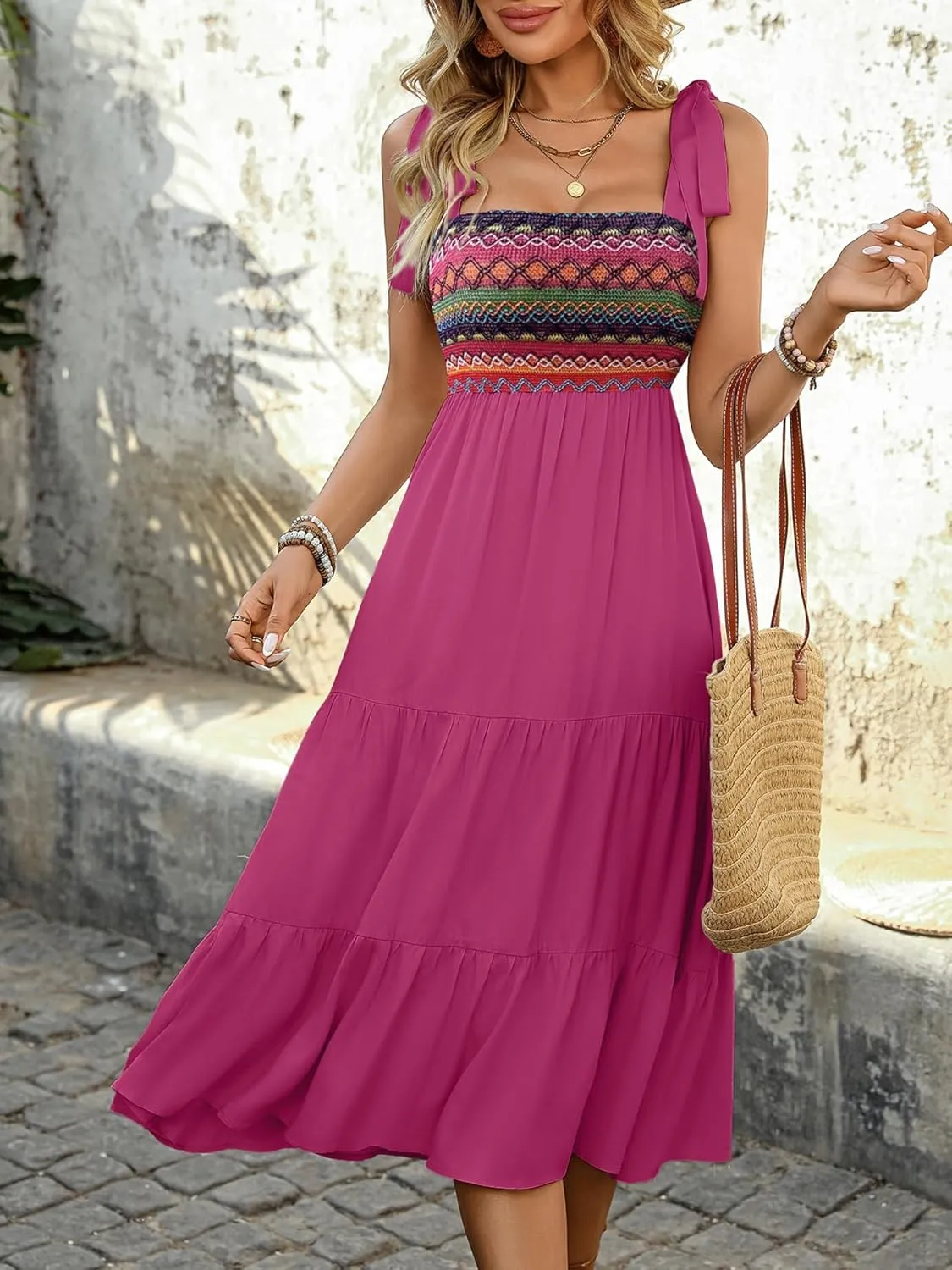 Melliflo Womens Boho Embroidery Patchwork Summer Tiered Midi Dress Square Neck Tie Shoulder Flowy Summer Sundresses