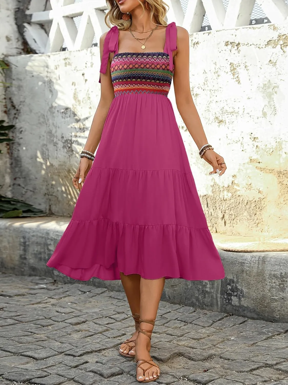 Melliflo Womens Boho Embroidery Patchwork Summer Tiered Midi Dress Square Neck Tie Shoulder Flowy Summer Sundresses