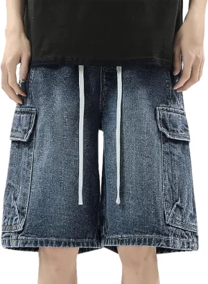 Men Wide Leg Hip Hop Mid Jean Shorts Work Denim Shorts with Pockets Casual 2025 Trendy Streetwear