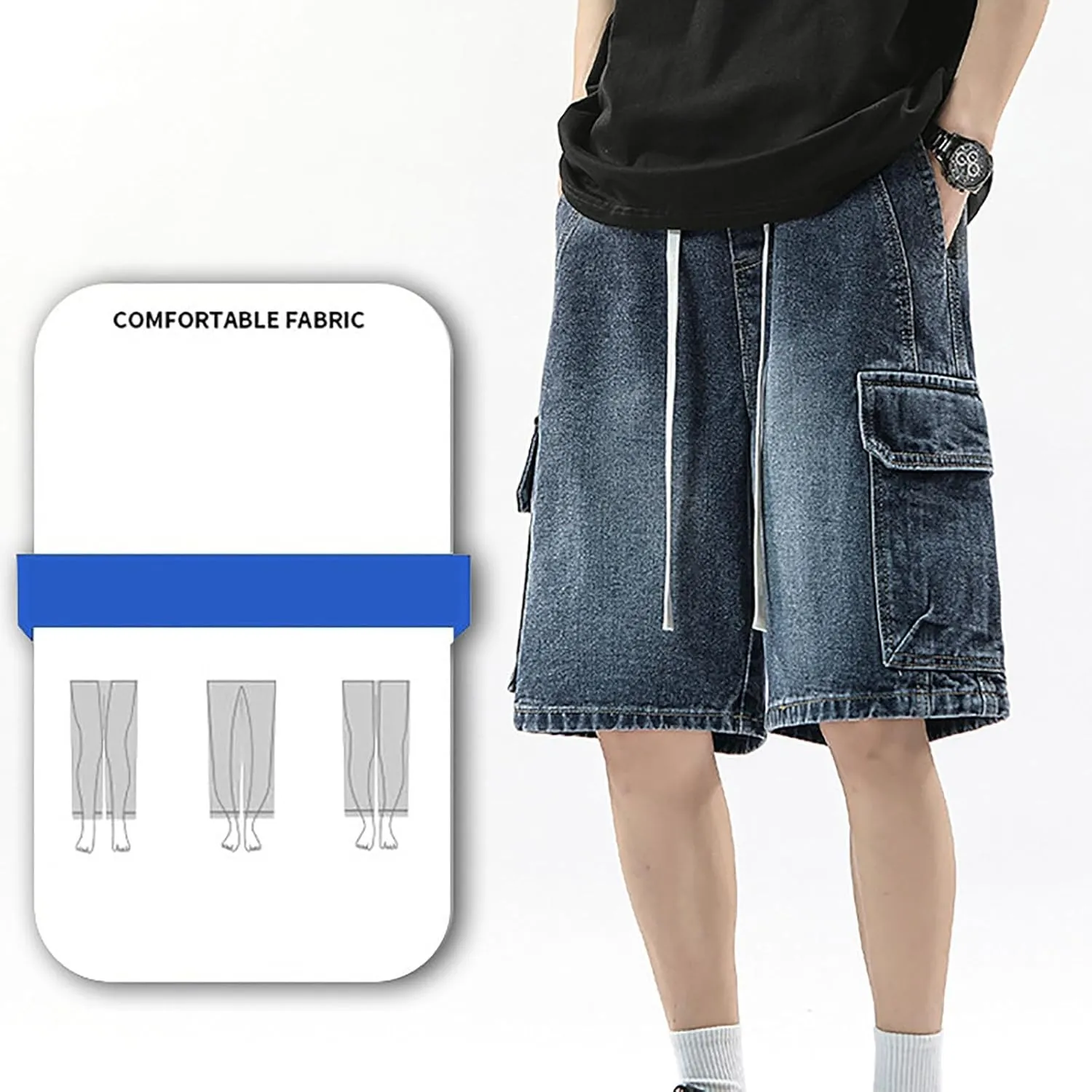 Men Wide Leg Hip Hop Mid Jean Shorts Work Denim Shorts with Pockets Casual 2025 Trendy Streetwear