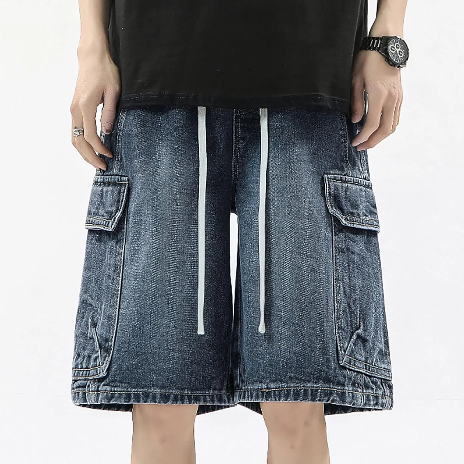 Men Wide Leg Hip Hop Mid Jean Shorts Work Denim Shorts with Pockets Casual 2025 Trendy Streetwear