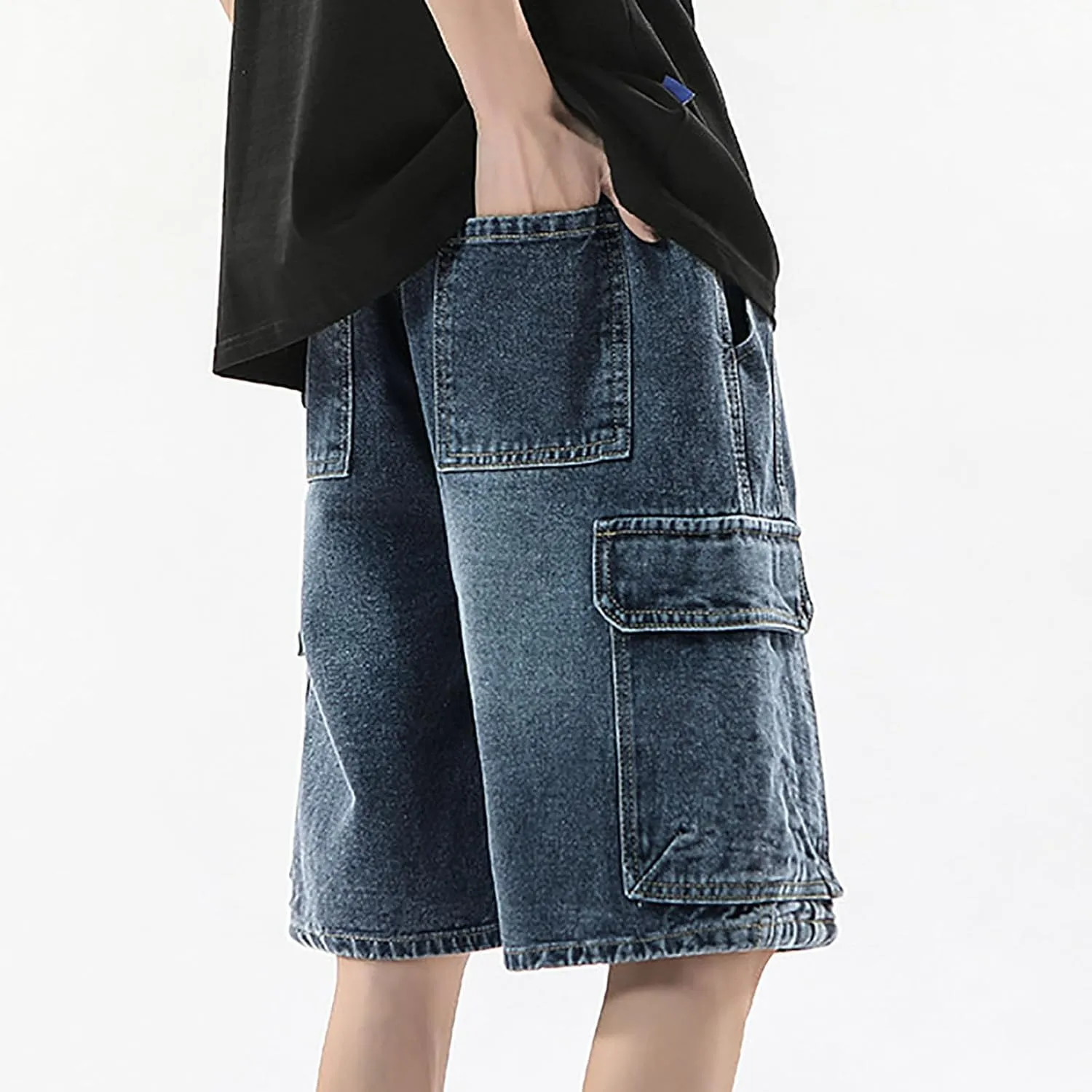 Men Wide Leg Hip Hop Mid Jean Shorts Work Denim Shorts with Pockets Casual 2025 Trendy Streetwear