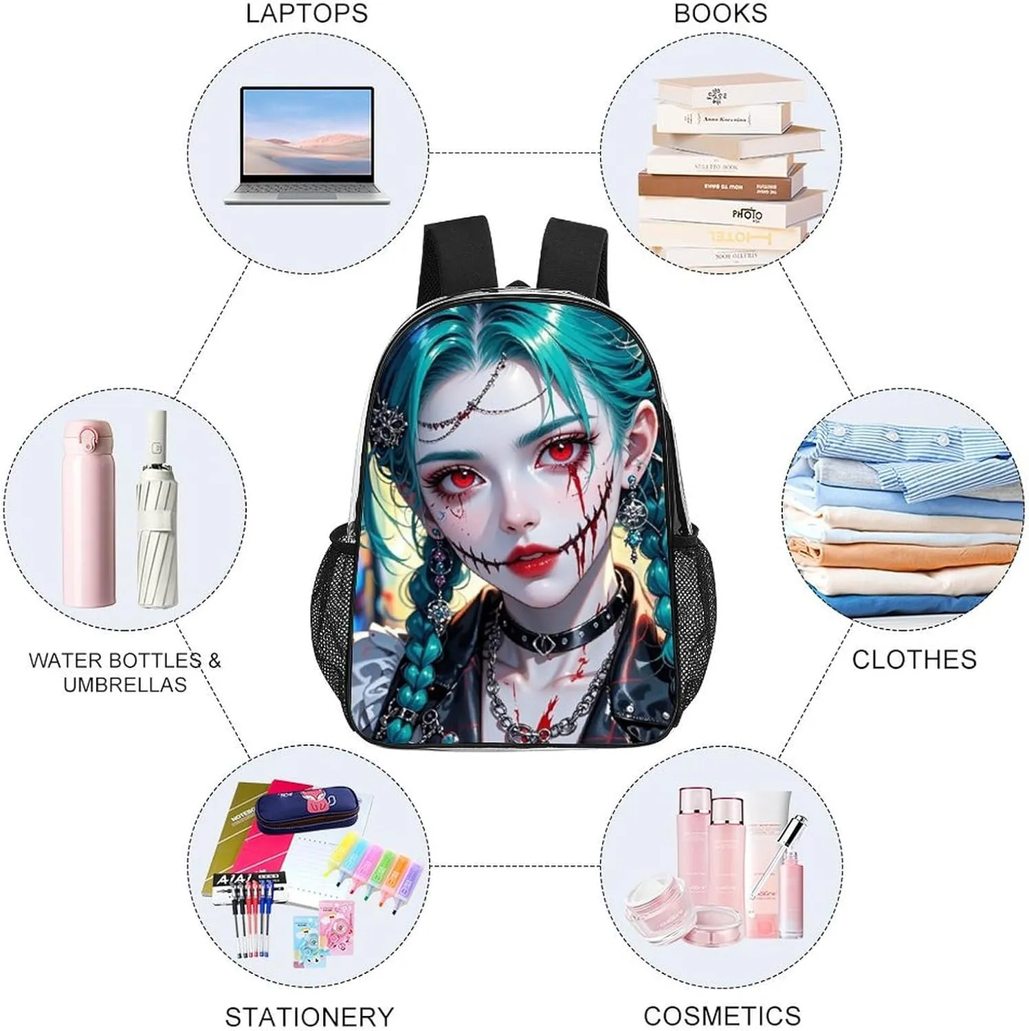 Men Women Transparent Beautiful Gothic Women Neon Art Daypack Big Capacity Shoulder Bag With Adjustable Shoulder Straps for Camping Travel Walking Cycling
