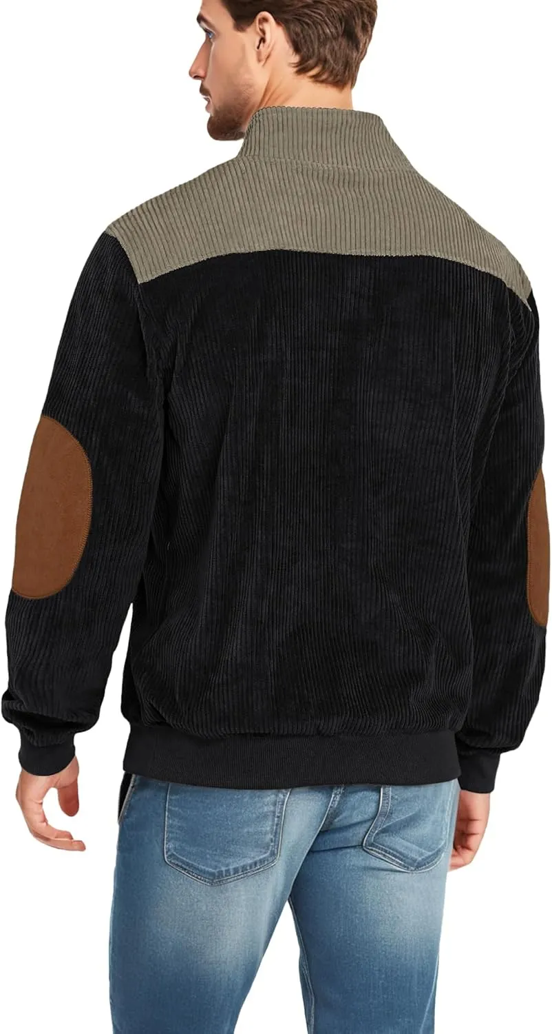 Mens Casual Corduroy Sweatshirt Long Sleeve Stand Collar 1/4 Button Up Pullover Fall Polo Sweaters