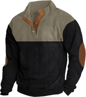Mens Casual Corduroy Sweatshirt Long Sleeve Stand Collar 1/4 Button Up Pullover Fall Polo Sweaters