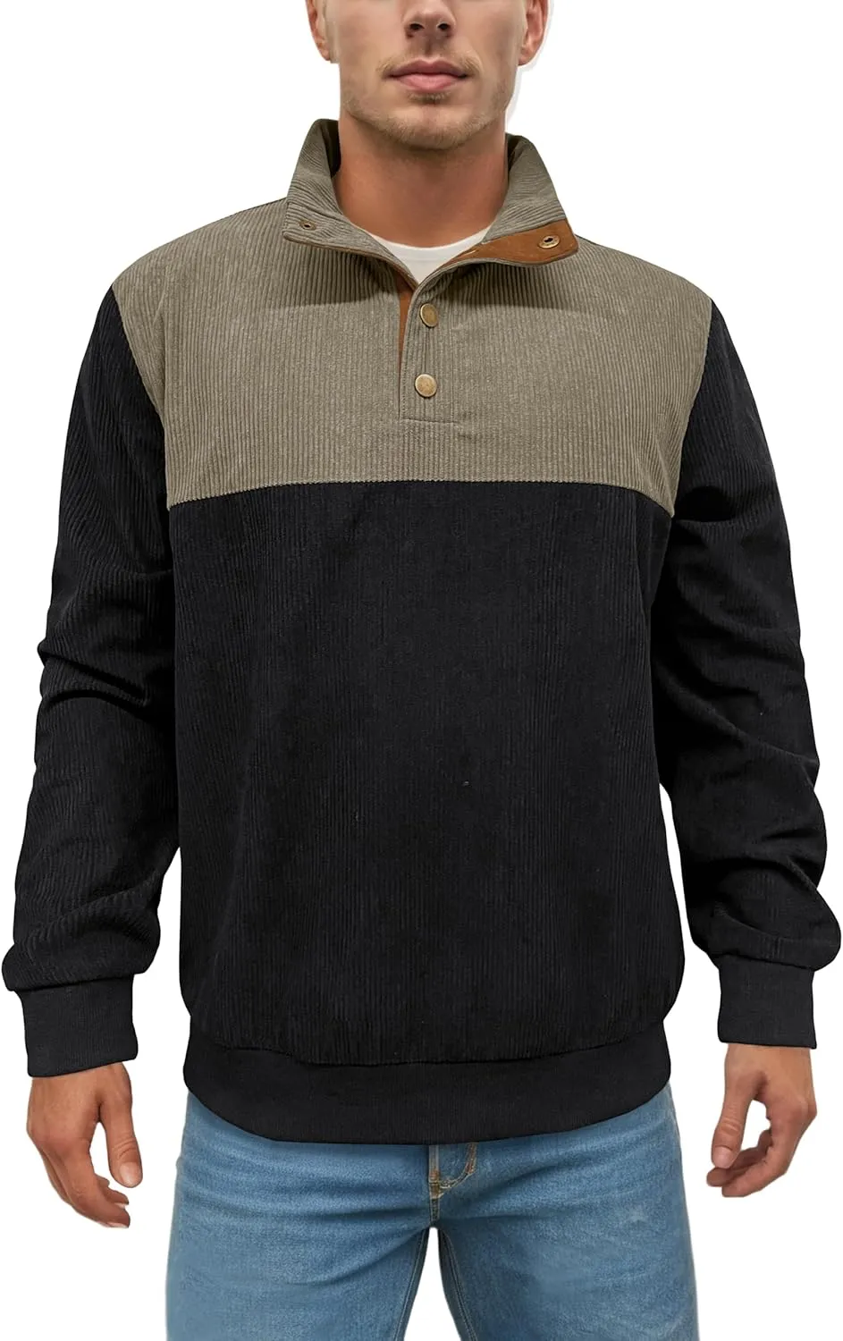 Mens Casual Corduroy Sweatshirt Long Sleeve Stand Collar 1/4 Button Up Pullover Fall Polo Sweaters
