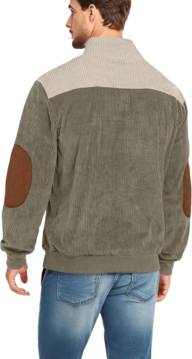 Mens Casual Corduroy Sweatshirt Long Sleeve Stand Collar 1/4 Button Up Pullover Fall Polo Sweaters