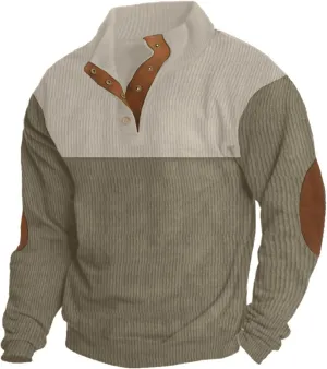Mens Casual Corduroy Sweatshirt Long Sleeve Stand Collar 1/4 Button Up Pullover Fall Polo Sweaters