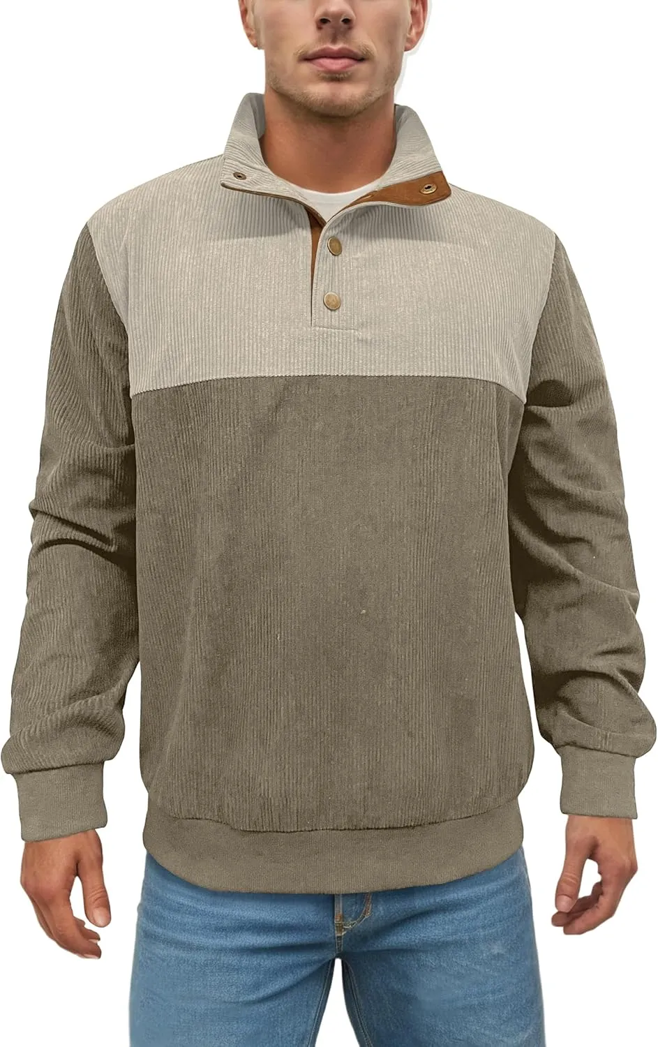 Mens Casual Corduroy Sweatshirt Long Sleeve Stand Collar 1/4 Button Up Pullover Fall Polo Sweaters
