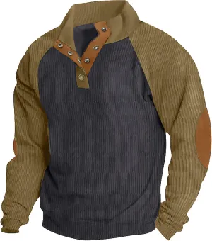 Mens Casual Corduroy Sweatshirt Long Sleeve Stand Collar 1/4 Button Up Pullover Fall Polo Sweaters