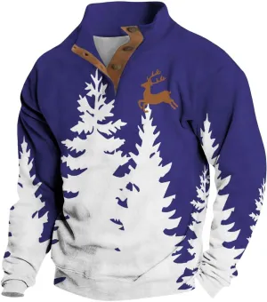 Men's Christmas Sweatshirts Xmas Tree Print Pullover Ugly Sweater Casual Long Sleeve Fall 1/4 Button Up Sweatshirts
