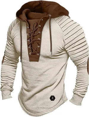 Mens Distressed Tactical Hoodie Sweatshirts Lace Up Pullover Long Sleeve Retro Shirts Pleated Sleeve Patchwork Shirts
