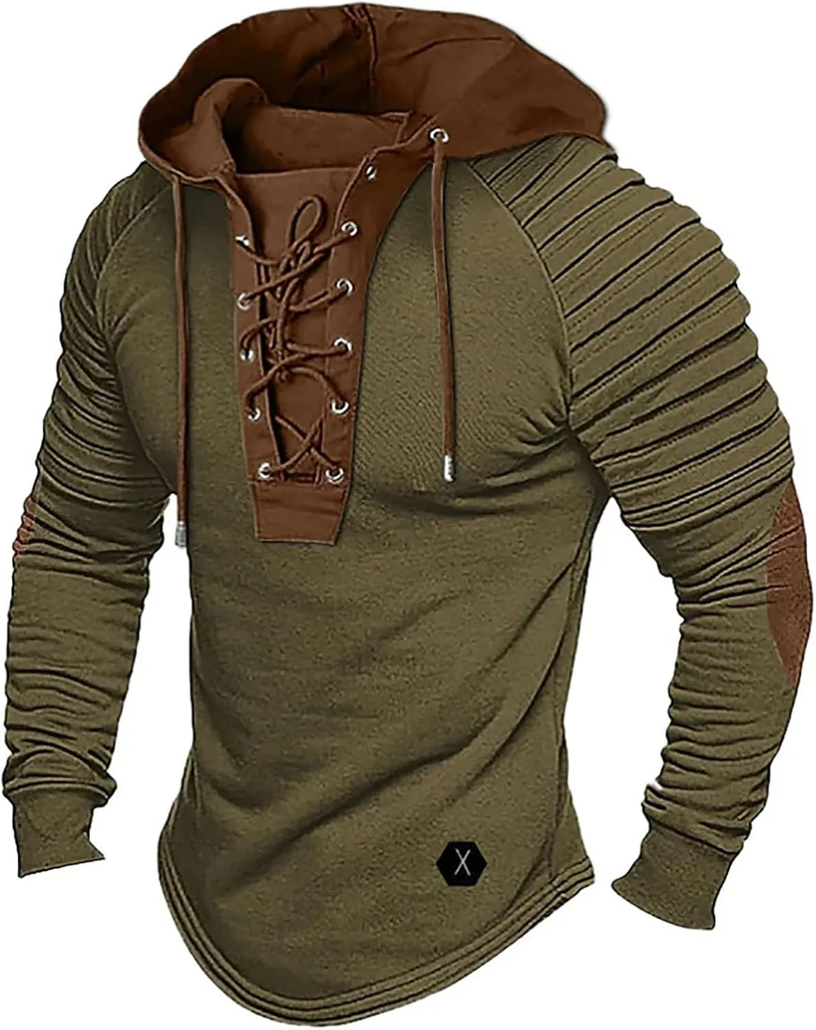 Mens Distressed Tactical Hoodie Sweatshirts Lace Up Pullover Long Sleeve Retro Shirts Pleated Sleeve Patchwork Shirts