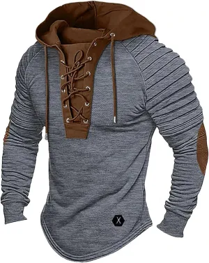 Mens Distressed Tactical Hoodie Sweatshirts Lace Up Pullover Long Sleeve Retro Shirts Pleated Sleeve Patchwork Shirts