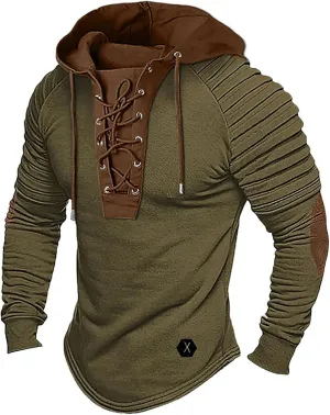 Mens Distressed Tactical Hoodie Sweatshirts Lace Up Pullover Long Sleeve Retro Shirts Pleated Sleeve Patchwork Shirts