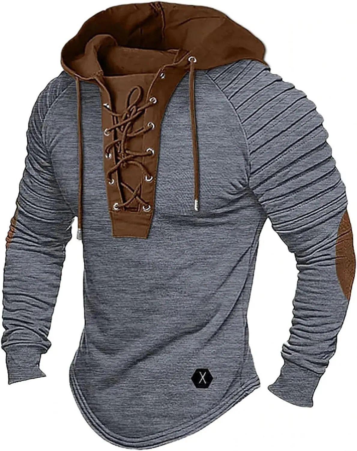 Mens Distressed Tactical Hoodie Sweatshirts Lace Up Pullover Long Sleeve Retro Shirts Pleated Sleeve Patchwork Shirts