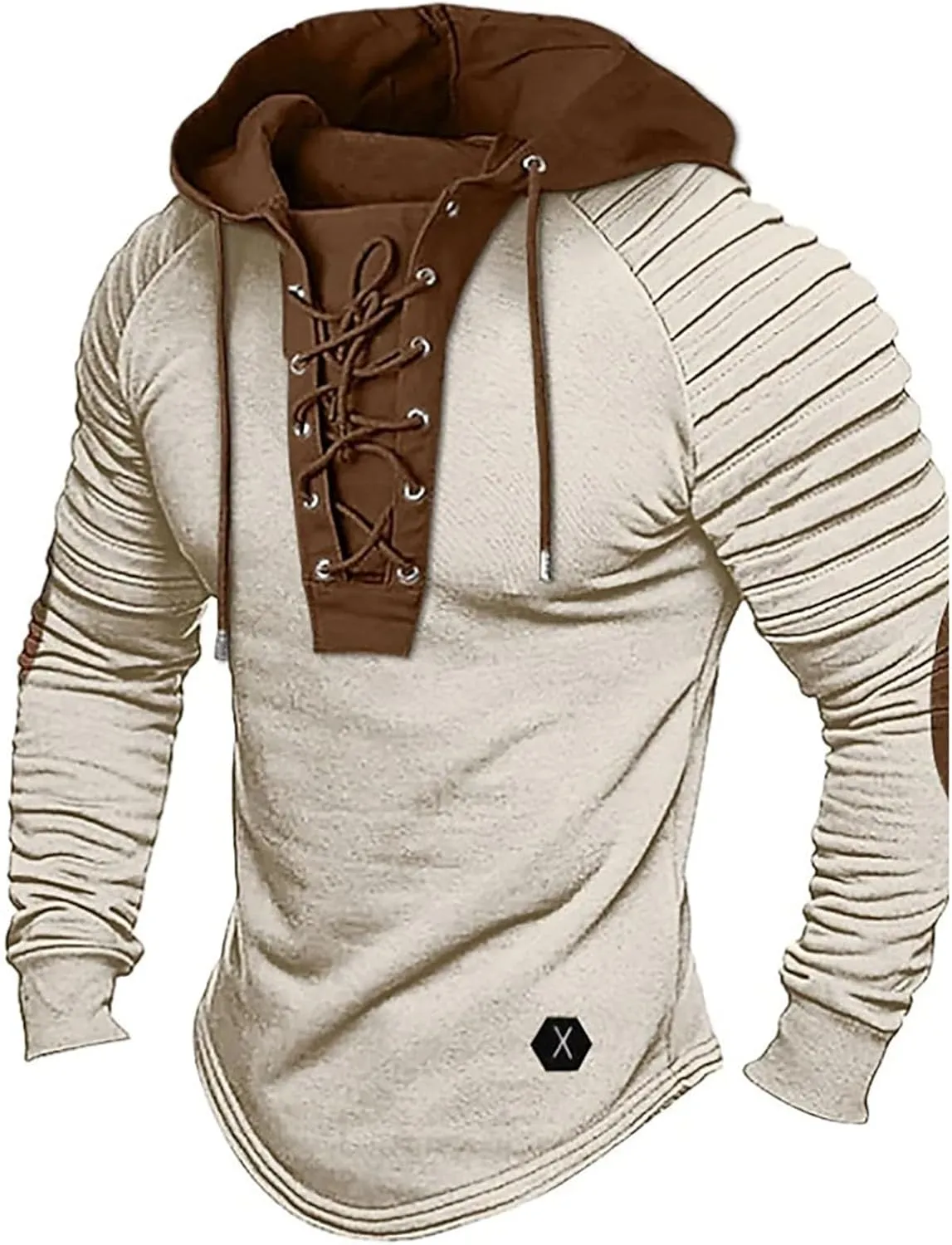Mens Distressed Tactical Hoodie Sweatshirts Lace Up Pullover Long Sleeve Retro Shirts Pleated Sleeve Patchwork Shirts