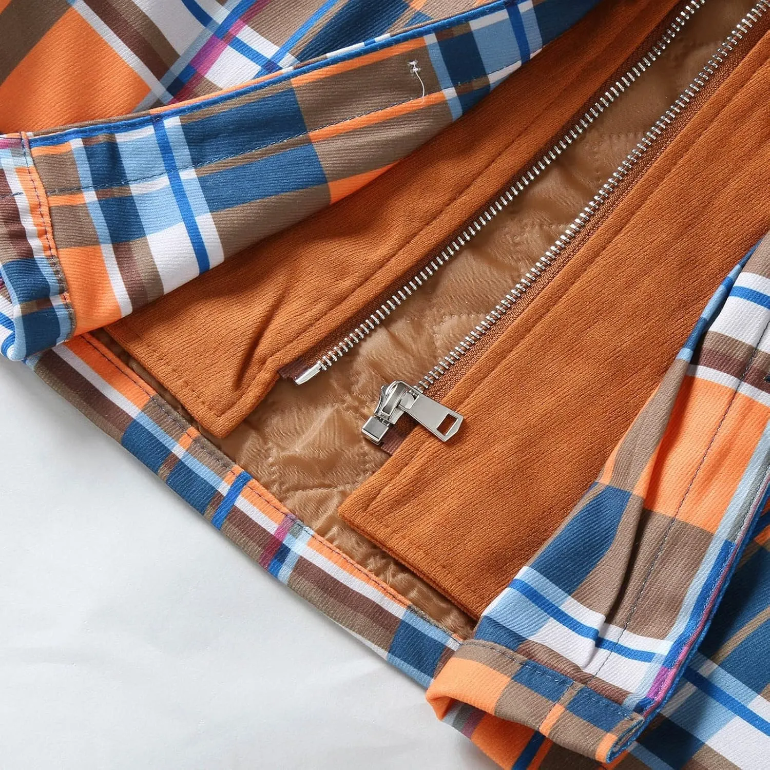 Men's Flannel Jackets Autumn Stripe Print Hooded Zipper Pocket Long Sleeve Shirt Patchwork Jacket Casual Long