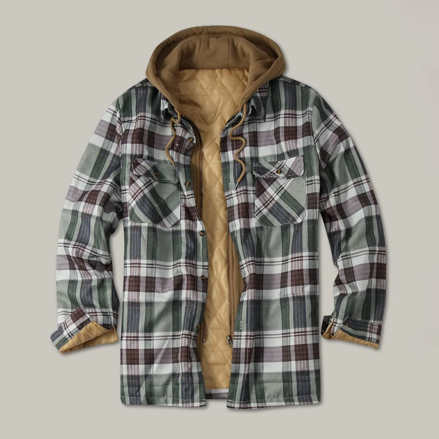 Men's Flannel Jackets Autumn Stripe Print Hooded Zipper Pocket Long Sleeve Shirt Patchwork Jacket Casual Long