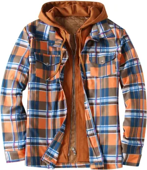 Men's Flannel Jackets Autumn Stripe Print Hooded Zipper Pocket Long Sleeve Shirt Patchwork Jacket Casual Long