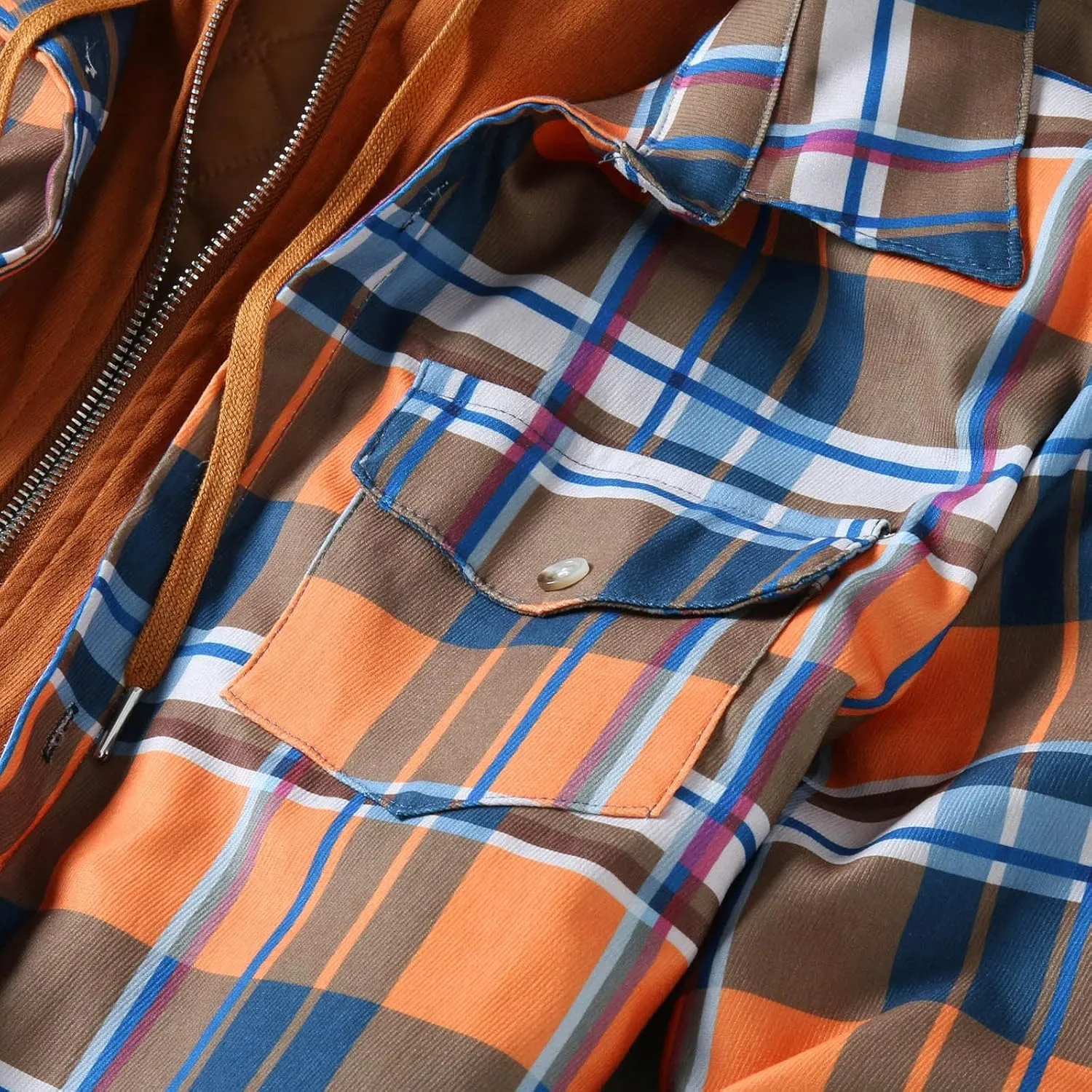 Men's Flannel Jackets Autumn Stripe Print Hooded Zipper Pocket Long Sleeve Shirt Patchwork Jacket Casual Long