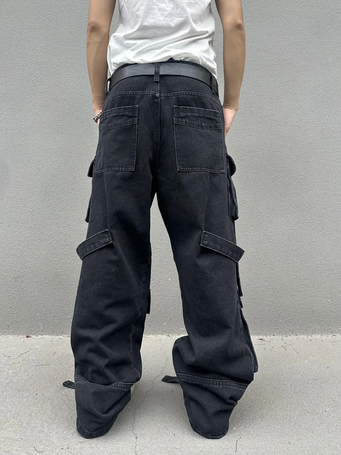 Mens Goth Baggy Cargo Jeans with Pockets Steampunk Patchwork Embroidery Wide Leg Denim Pants