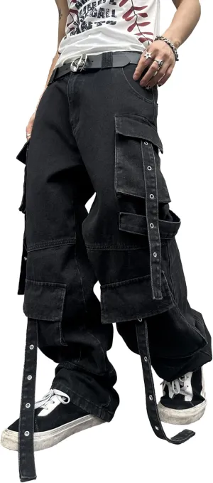 Mens Goth Baggy Cargo Jeans with Pockets Steampunk Patchwork Embroidery Wide Leg Denim Pants