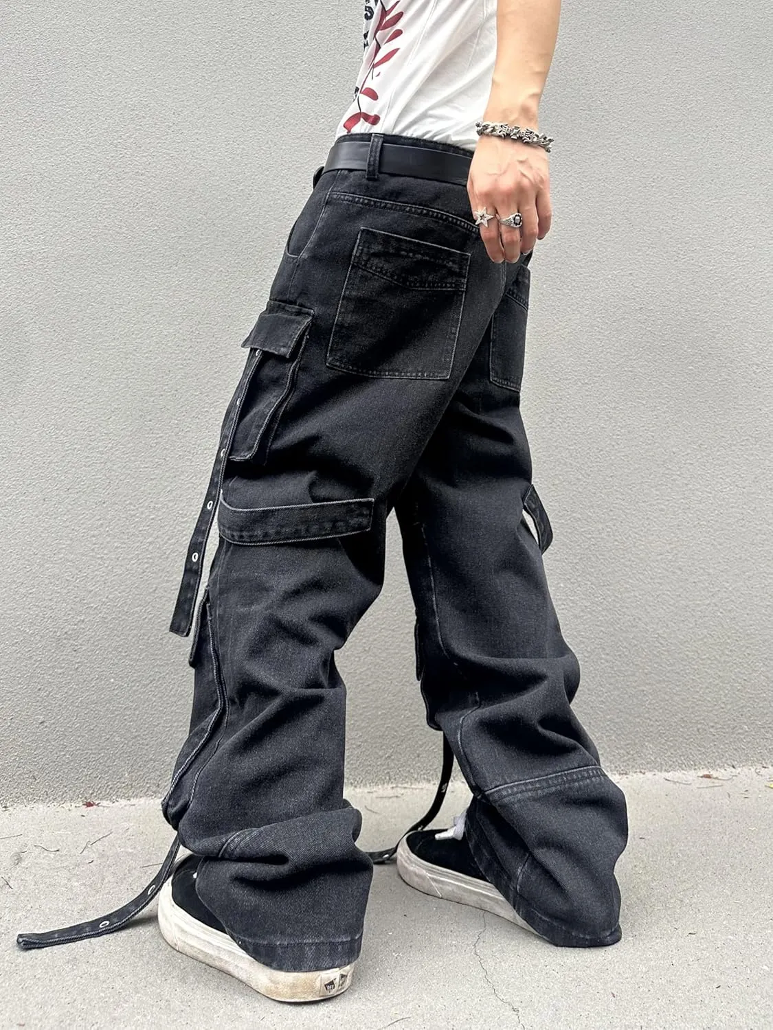 Mens Goth Baggy Cargo Jeans with Pockets Steampunk Patchwork Embroidery Wide Leg Denim Pants