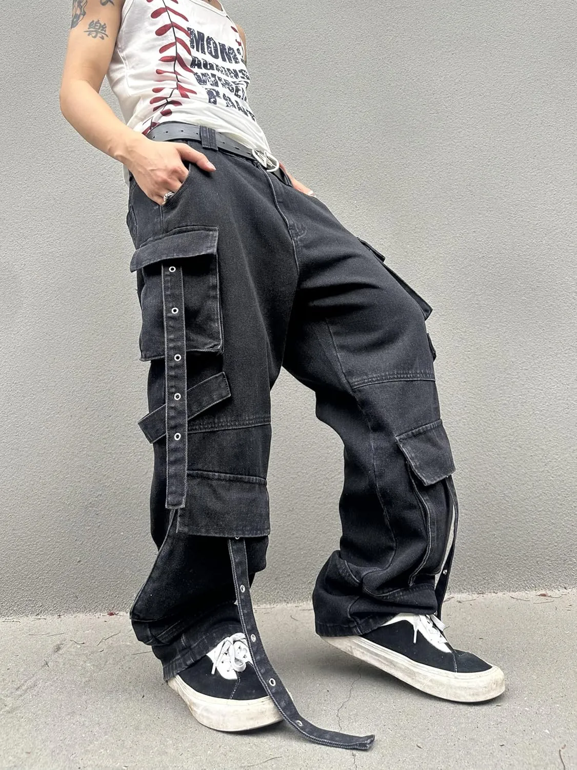 Mens Goth Baggy Cargo Jeans with Pockets Steampunk Patchwork Embroidery Wide Leg Denim Pants