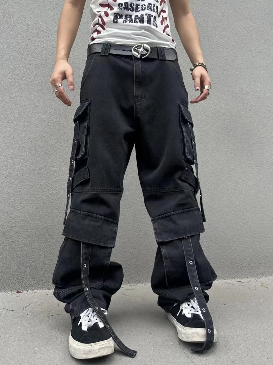 Mens Goth Baggy Cargo Jeans with Pockets Steampunk Patchwork Embroidery Wide Leg Denim Pants