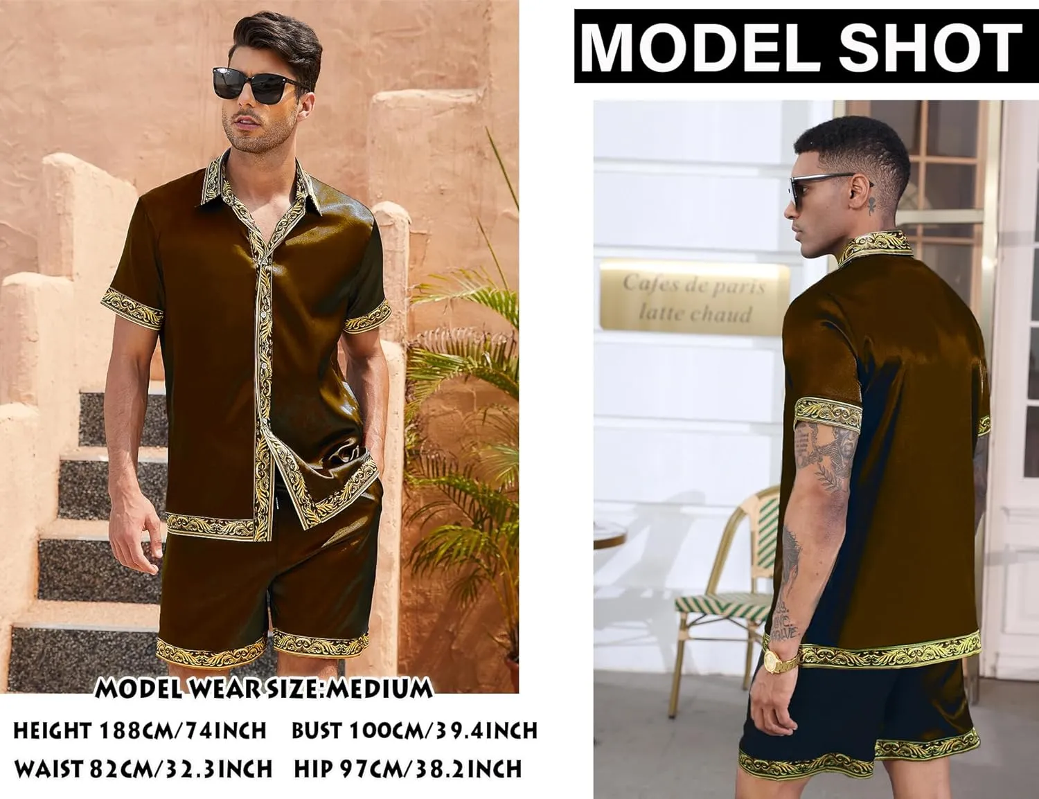 Men's Hawaiian Shirt and Short Set 2 Piece Outfits Luxury Printed Casual Button Down Short Sleeve Satin Shirt Suits