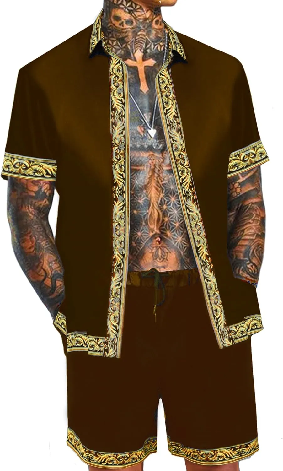 Men's Hawaiian Shirt and Short Set 2 Piece Outfits Luxury Printed Casual Button Down Short Sleeve Satin Shirt Suits