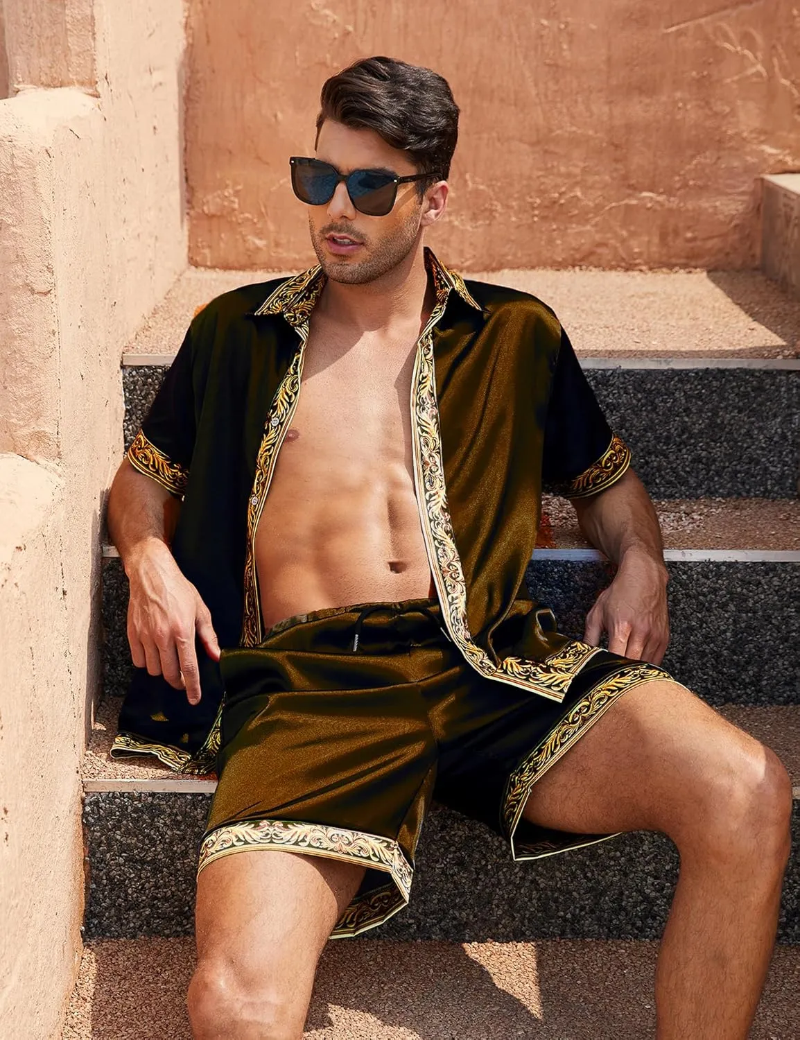 Men's Hawaiian Shirt and Short Set 2 Piece Outfits Luxury Printed Casual Button Down Short Sleeve Satin Shirt Suits