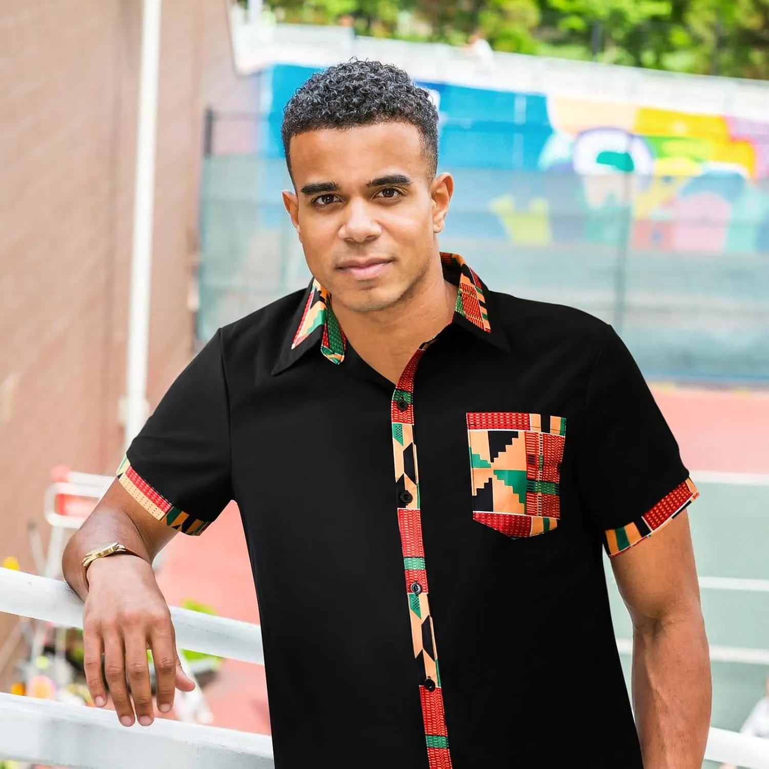 Men's Hipster African Printed Tribal Graphic Patchwork Design Short Sleeve Button up Shirt Mandarin Collar Shirts