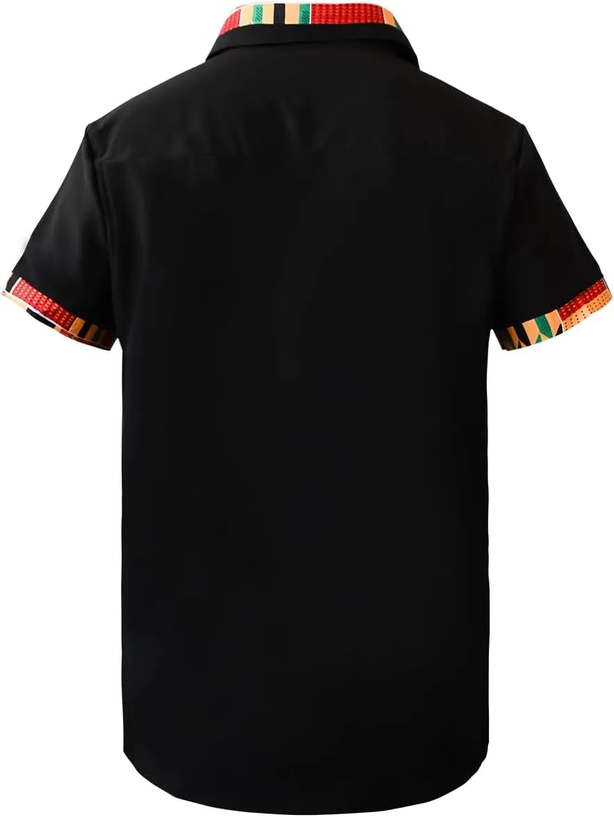 Men's Hipster African Printed Tribal Graphic Patchwork Design Short Sleeve Button up Shirt Mandarin Collar Shirts