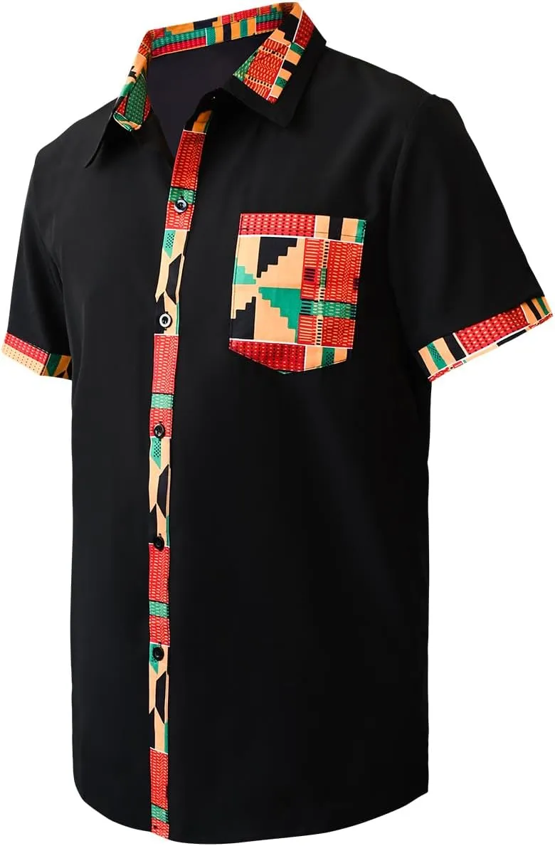 Men's Hipster African Printed Tribal Graphic Patchwork Design Short Sleeve Button up Shirt Mandarin Collar Shirts