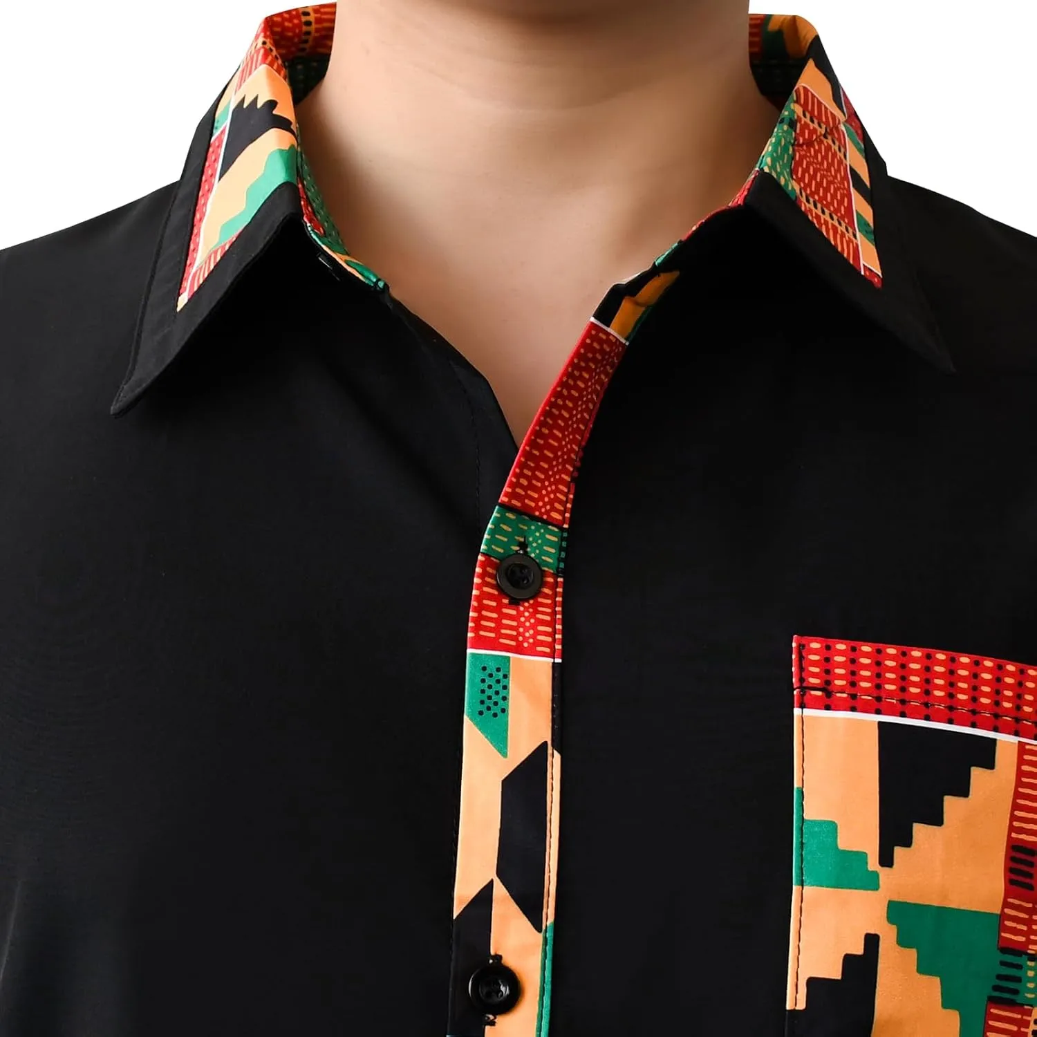 Men's Hipster African Printed Tribal Graphic Patchwork Design Short Sleeve Button up Shirt Mandarin Collar Shirts