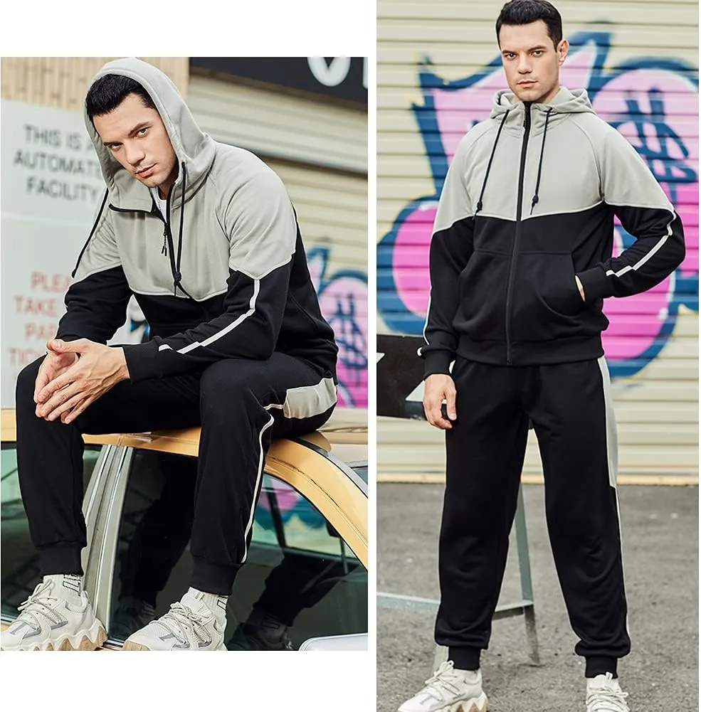 Men's Hooded Athletic Tracksuit Sweatsuit Long Sleeve Full-Zip Jogging Sweatpants 2 Piece Patchwork Sportsuits
