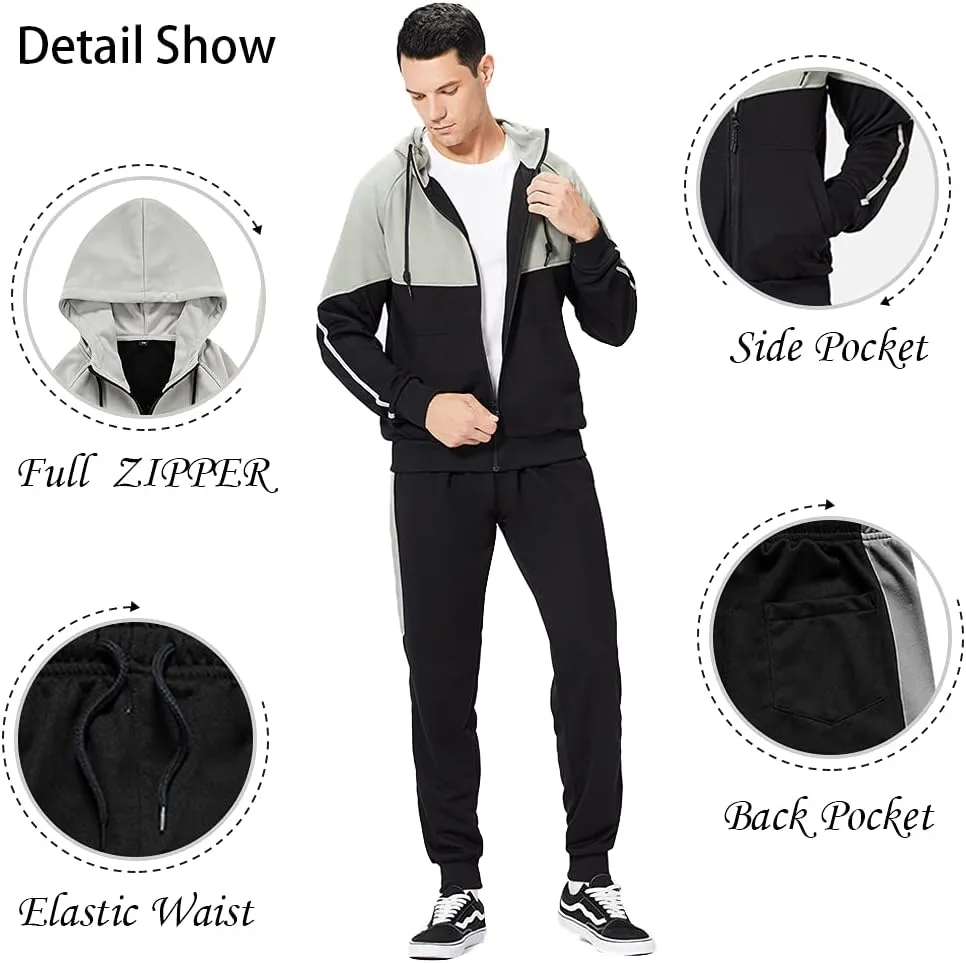 Men's Hooded Athletic Tracksuit Sweatsuit Long Sleeve Full-Zip Jogging Sweatpants 2 Piece Patchwork Sportsuits