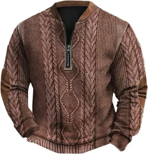 Mens Knit Sweater 3D Twist Pattern Knit Print Sweatshirt Casual Retro Long Sleeve Pullover Sweater with Elbow Patches