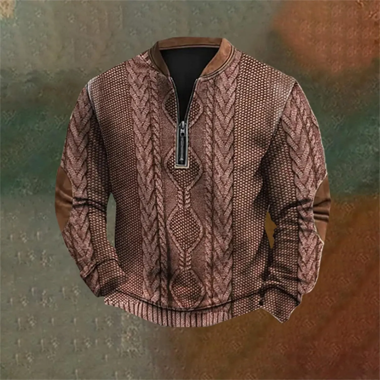 Mens Knit Sweater 3D Twist Pattern Knit Print Sweatshirt Casual Retro Long Sleeve Pullover Sweater with Elbow Patches