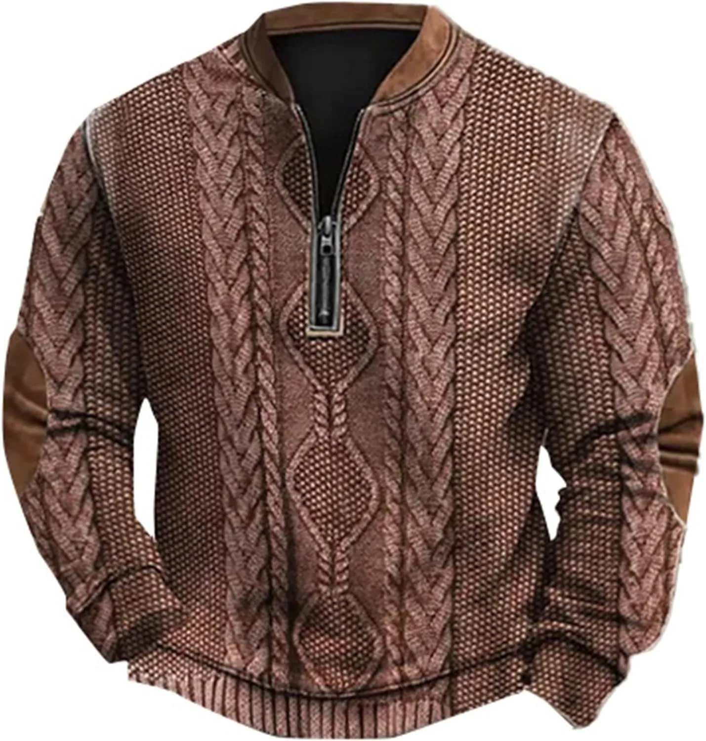 Mens Knit Sweater 3D Twist Pattern Knit Print Sweatshirt Casual Retro Long Sleeve Pullover Sweater with Elbow Patches