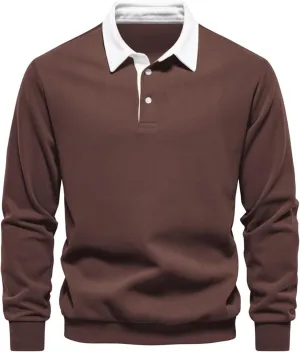 Men's Long Sleeve Polo Shirts Slim-fit Cotton Rugby Shirt Basic Color Spliced Designed Sweatshirt