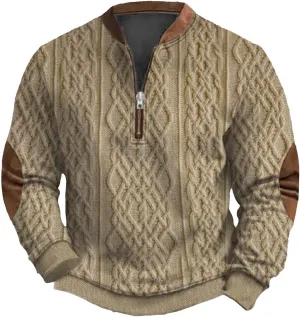 Mens Quarter Zip Sweater 3D Pattern Sweatshirts Casual Long Sleeve Retro Imitation Knit Printed Pullover Shirts