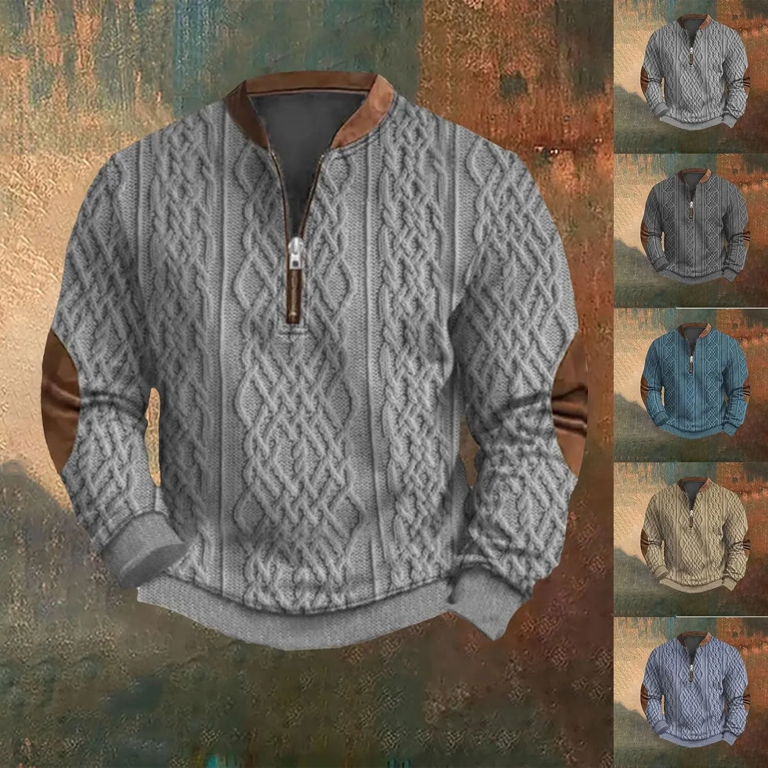Mens Quarter Zip Sweater 3D Pattern Sweatshirts Casual Long Sleeve Retro Imitation Knit Printed Pullover Shirts