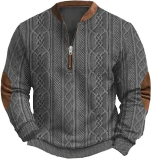 Mens Quarter Zip Sweater 3D Pattern Sweatshirts Casual Long Sleeve Retro Imitation Knit Printed Pullover Shirts