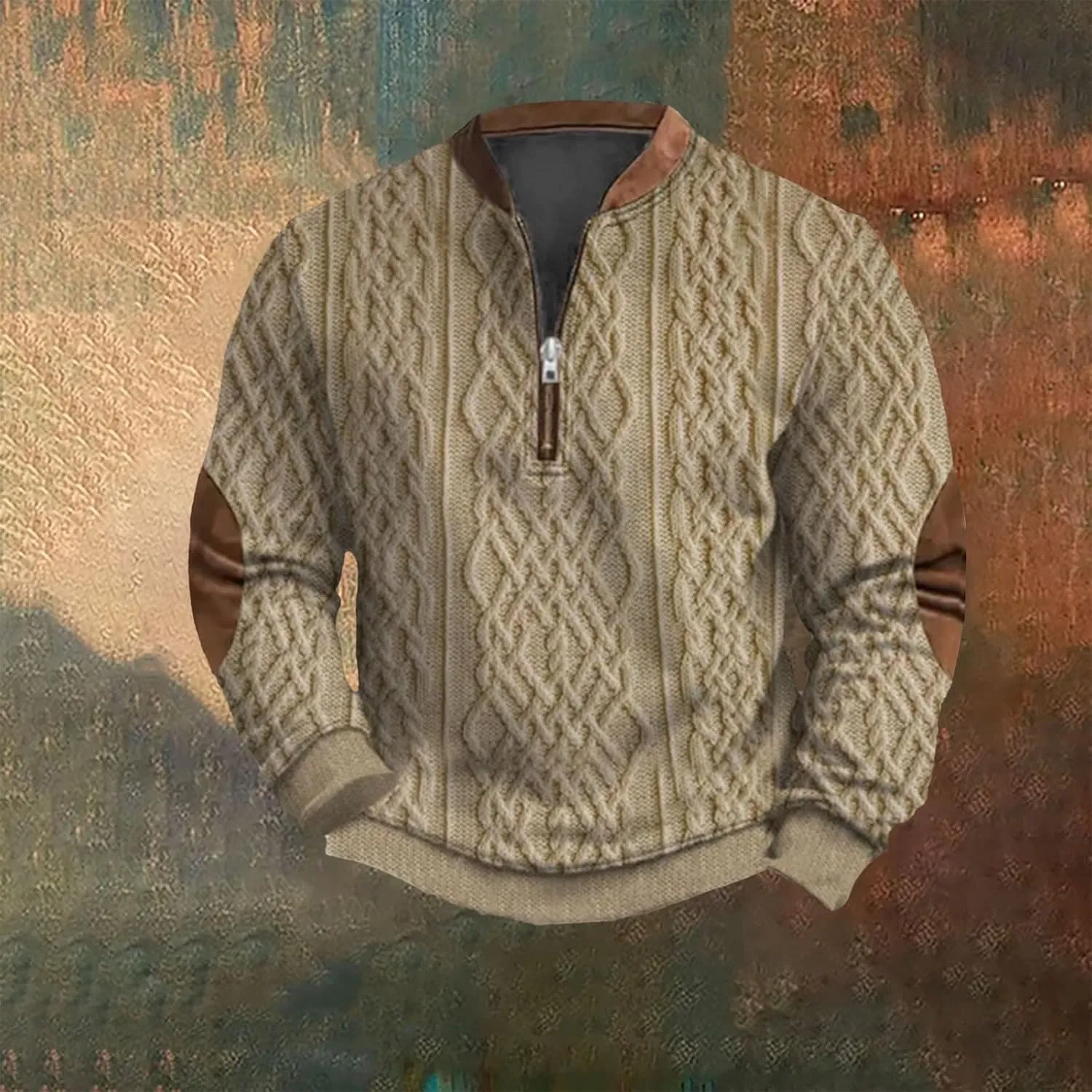 Mens Quarter Zip Sweater 3D Pattern Sweatshirts Casual Long Sleeve Retro Imitation Knit Printed Pullover Shirts