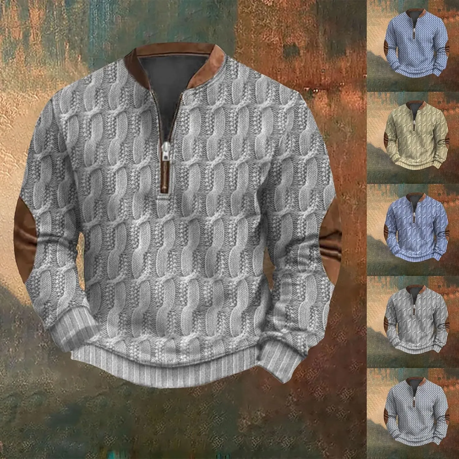Mens Quarter Zip Sweater 3D Pattern Sweatshirts Casual Long Sleeve Retro Imitation Knit Printed Pullover Shirts