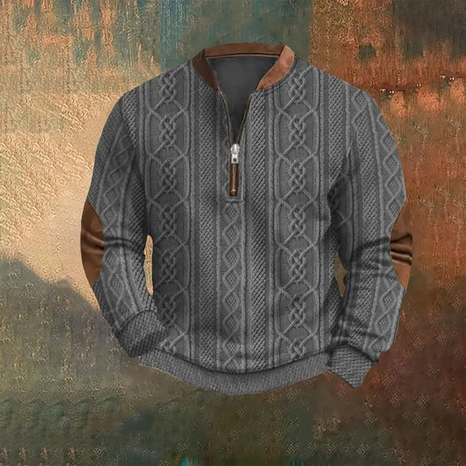 Mens Quarter Zip Sweater 3D Pattern Sweatshirts Casual Long Sleeve Retro Imitation Knit Printed Pullover Shirts